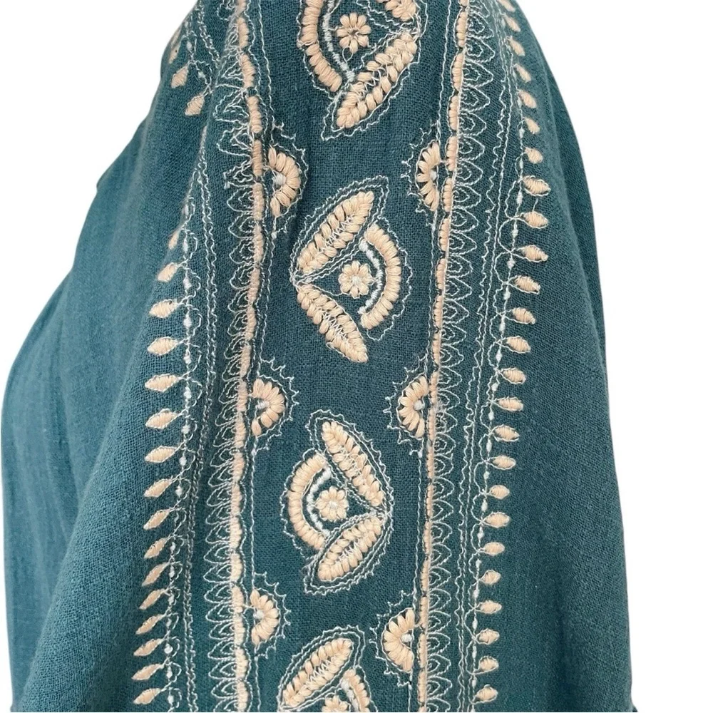 Free People Embroidered Boho Peasant Tunic Top Teal Blue Women’s Medium - Picture 8 of 16